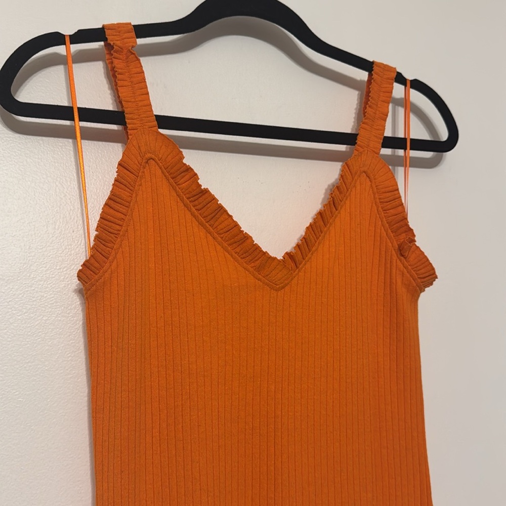 Zara Bright Orange Ribbed Textured Ruffle Dress - Picture 3 of 11